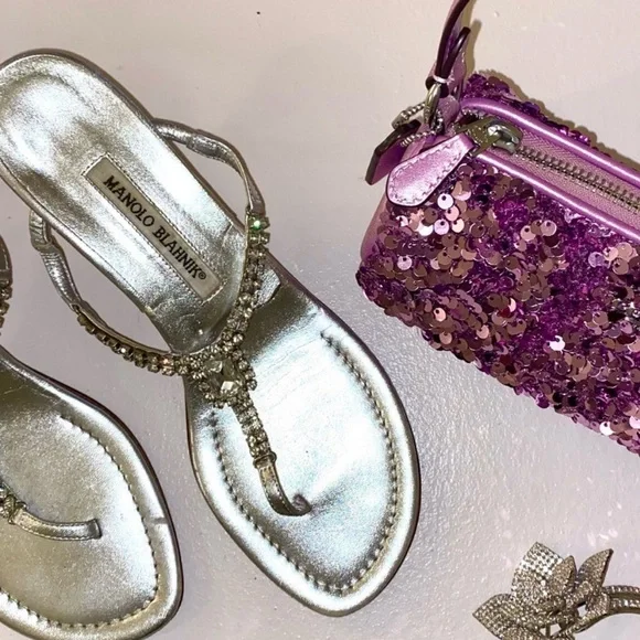 Silver Manolo Blahnik Crystal Embellished T-Strap Sandal With A Kitten Heel - Picture 6 of 10
